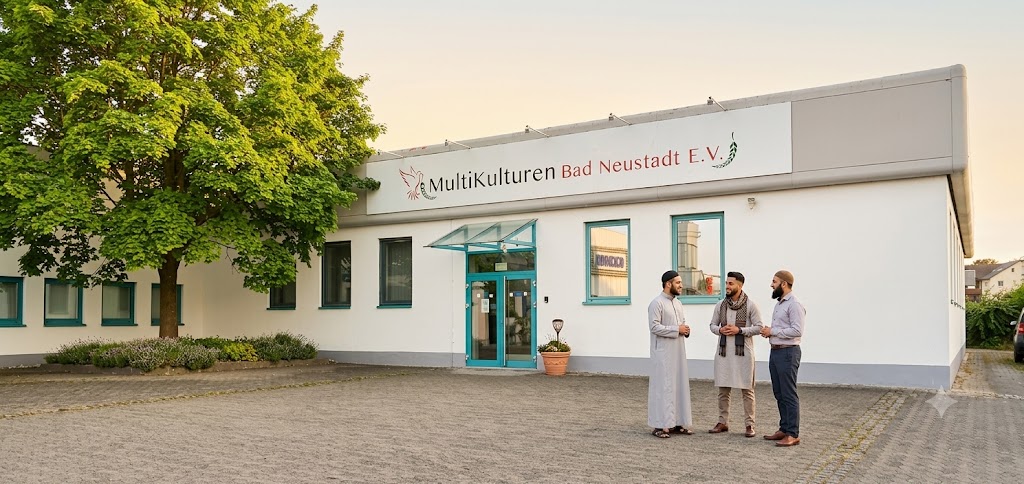 Das Gemeindezentrum Multikulturen Bad Neustadt mit Mitgliedern, die sich vor dem Eingang begrüßen, in der Abendsonne vor einer großen Linde.